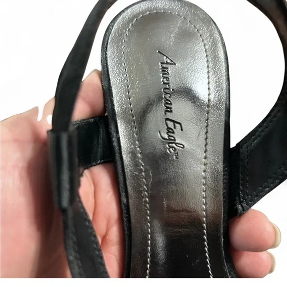 AMERICAN EAGLE Black Satin Heeled Sandals With Ankle Strap 6 1/2 Good Condition - Picture 8 of 8